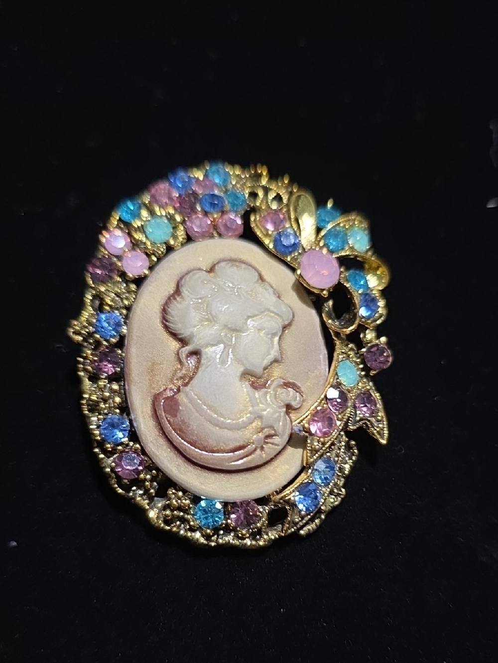 Gold-Tone Cameo Brooch with Pastel Multi-Color Rhinestones